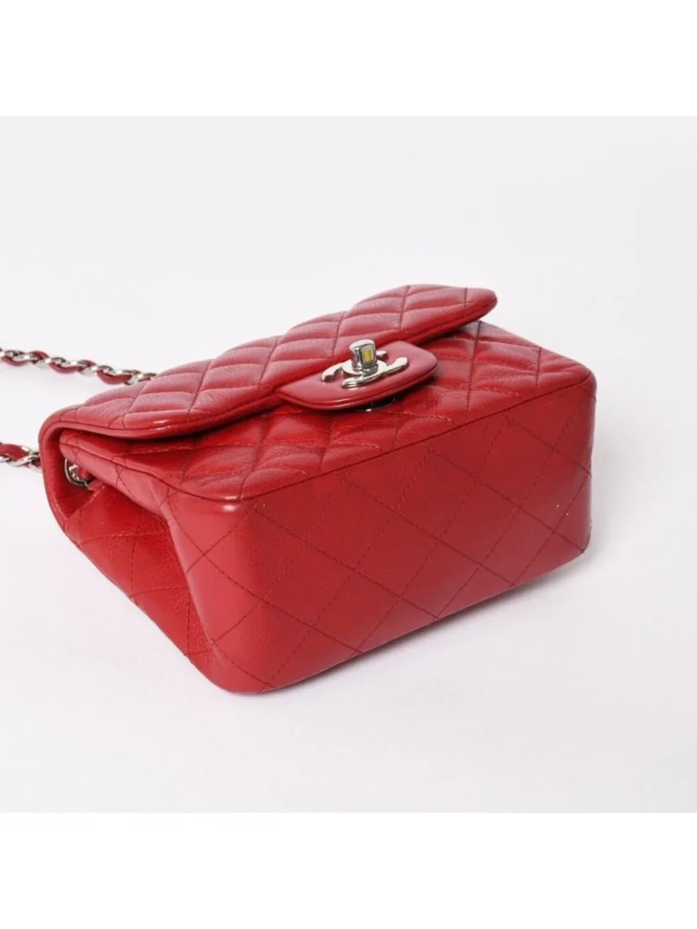 Chanel Mini Quilted 16 Chain Shoulder Bag Caviar Leather Red Silver